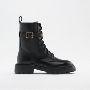 New Zara laced up leather ankle boots with buckle chunky sole